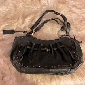 Aqua Madonna black leather and calf hair studded purse